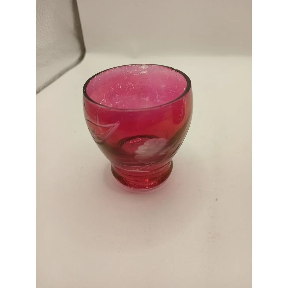 MCM Vintage Etched Cranberry Glass DECANTER With 5 Cordial Shot Glasses Red